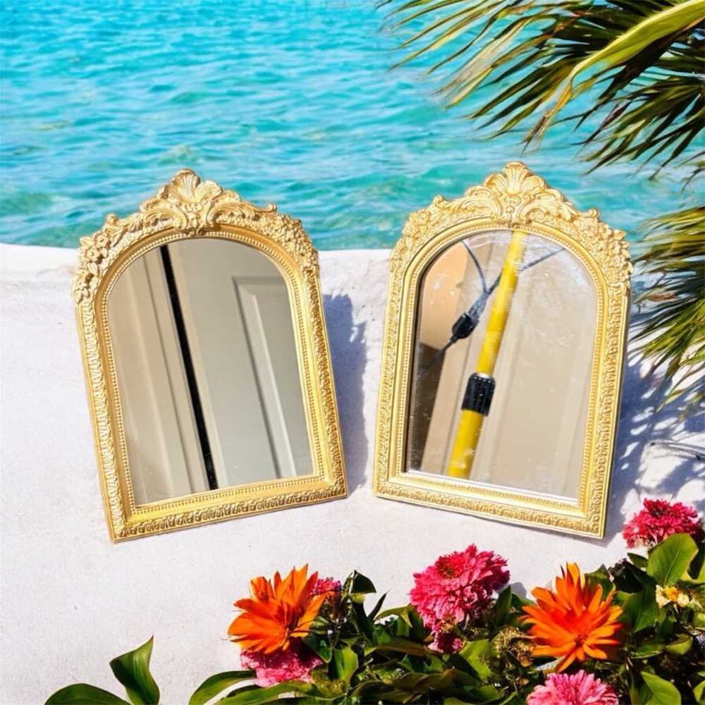 Ornate 9.75" Gold Arch Mirror Set Decorative Tabletop Wall Decor Vtg Accent MCM